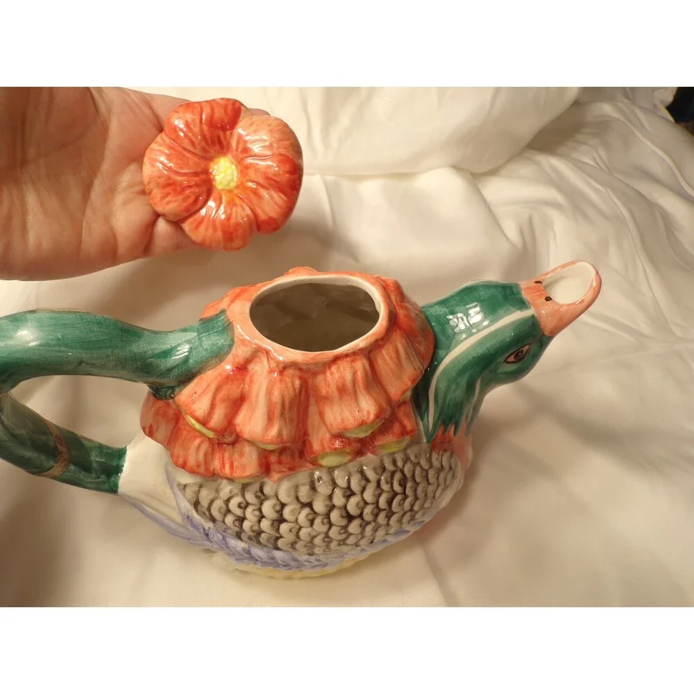 Vintage 1990's WCL 32oz. Goose Teapot Hand-painted with Flower Lid; Peach Green